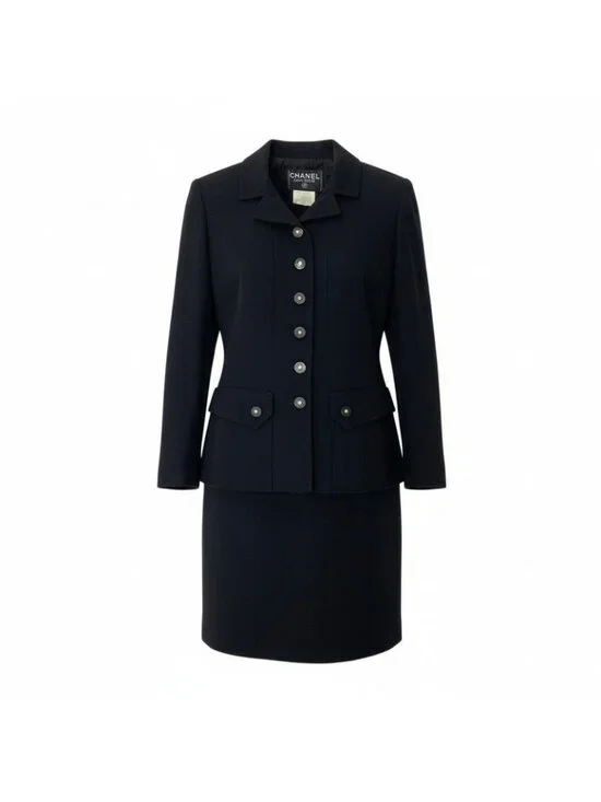 Chanel C Vintage Skirt Set Tailored Jacket 40 Black Silk - Picture 1 of 11